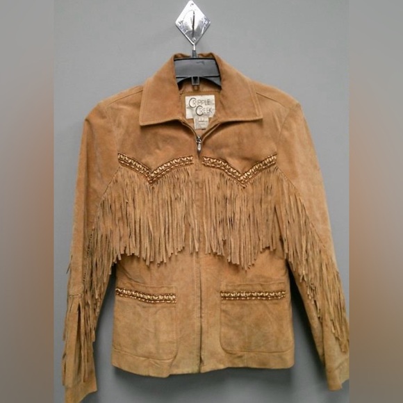 Women Vintage Brown Native Fringe Western Wear Cripple Creek Leather Jacket,Sz S - Picture 4 of 9